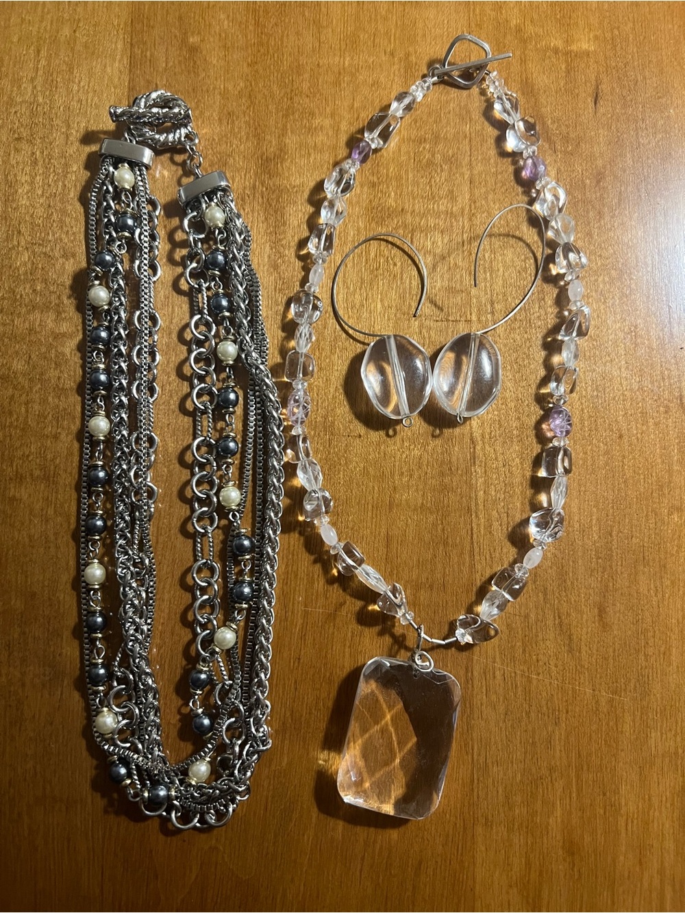 Multi-Strand Pearl & Silver Chain Necklace and Clear Crystal Pendant Set